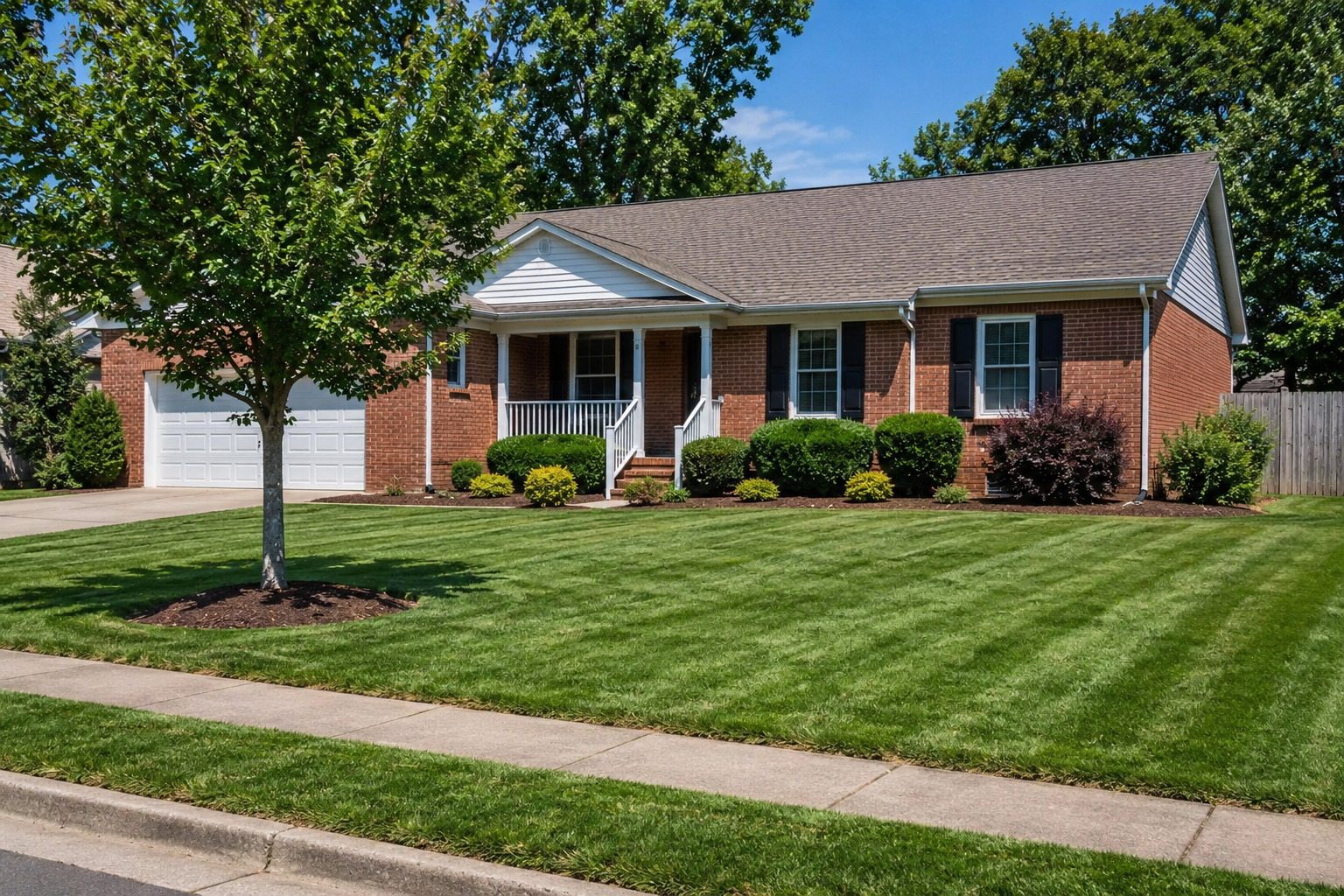 A brick ranch home with a freshly striped, mowed lawn in Hope Mills